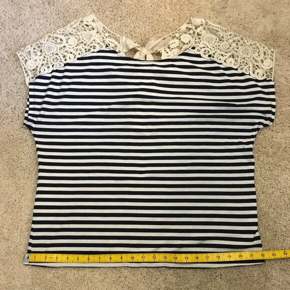 Whimsigoth Black & White Stripe and Crochet Lace Shoulder Tie Back Top - Picture 12 of 13